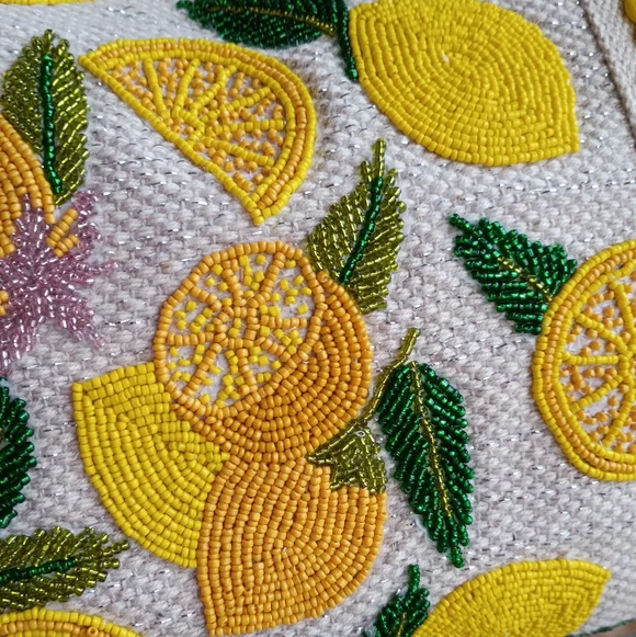 NEW America & Beyond Beaded Lemon Pom Pom Woven Cotton Summer Travel Beach Tote - Picture 4 of 16